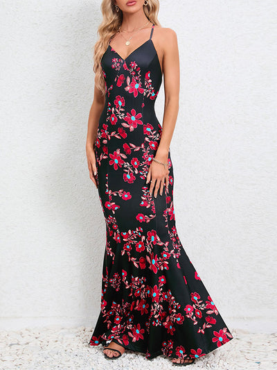 Bodycon Mermaid Flower Print Split-Joint Spaghetti-Neck Maxi Dresses