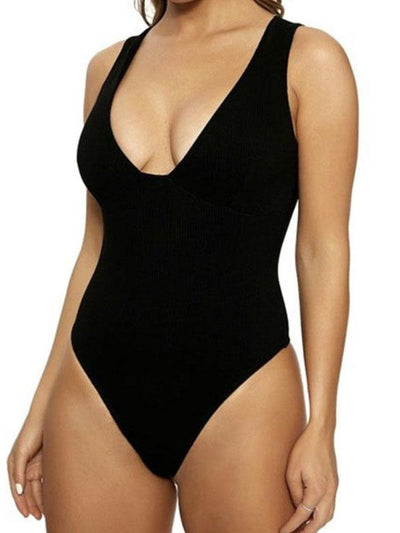 Solid Color V-Neck One-Piece Swimwear