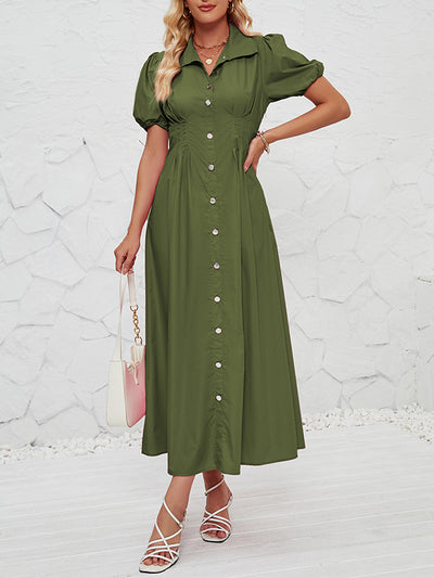 Loose Puff Sleeves Pleated Split-Joint Lapel Maxi Dresses Shirt Dress