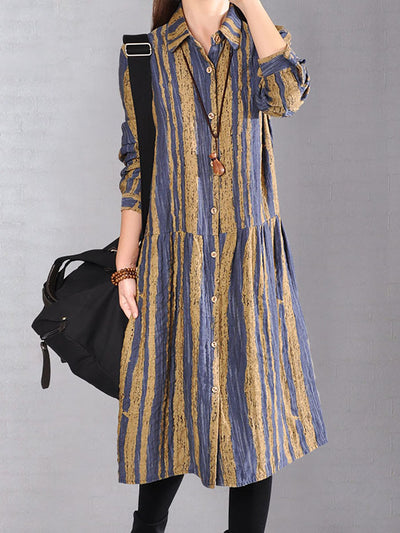 Plus Size Women Casual 100%Cotton Stripe Dress