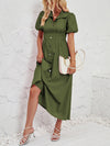 Loose Puff Sleeves Pleated Split-Joint Lapel Maxi Dresses Shirt Dress