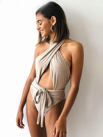 Solid Color Crisscross One-Piece Swimwear