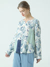 Plus Size Linen Women Prints Pullover Patchwork Loose T Shirt