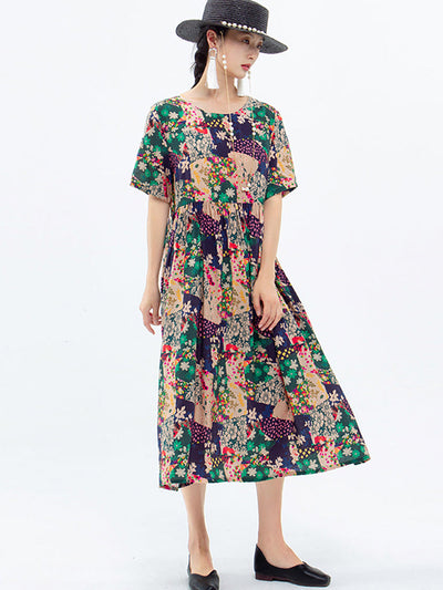 Plus Size Floral Prints Short Sleeve Summer Loose Dress