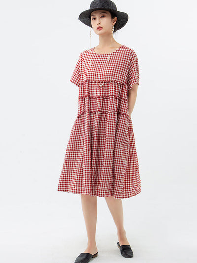 Plus Size 100%Cotton Short Sleeve Plaid Dress