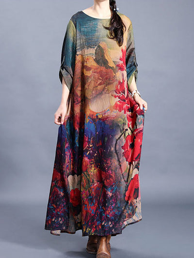 Plus Size Flower Printed Retro Split Hem Silk Dress