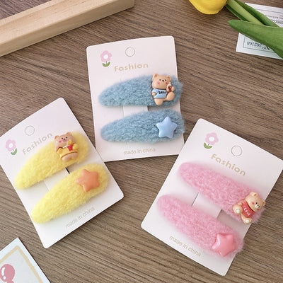 2 Autumn and Winter Colorful Cartoon Bears XINGX Fabric Plush Long Water Drops Barrettes Children's Side Bang Clip Accessories