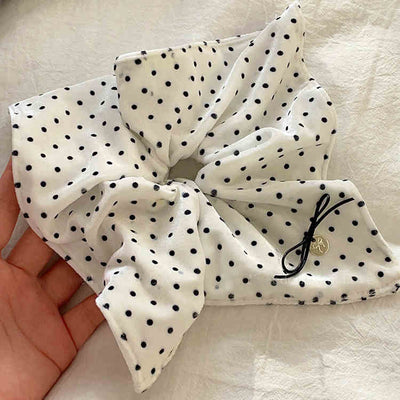 Black and White Polka Dot Velvet Bow Square Scarf Large Intestine Hair Ring Gentle Lace Intestine Headdress Flower Hair Rope Headband