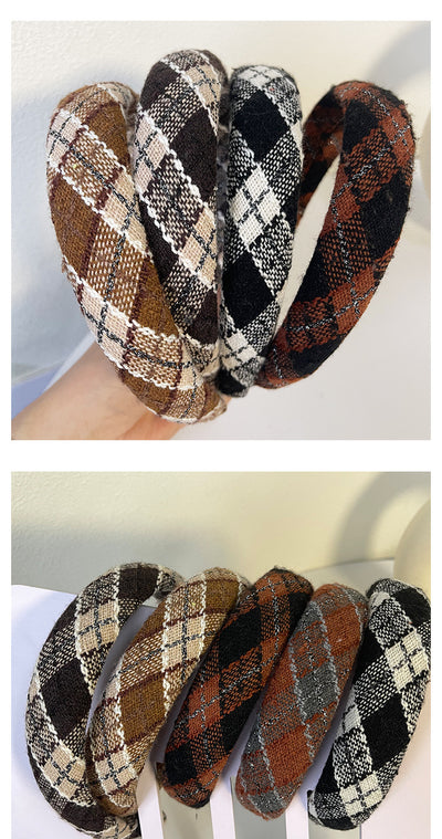 Autumn and Winter Internet Celebrity Qing Mei Cute Preppy Style Plaid High Skull Top Headband Retro Coffee Color Series Outdoor All-Matching Headdress