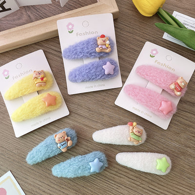 2 Autumn and Winter Colorful Cartoon Bears XINGX Fabric Plush Long Water Drops Barrettes Children's Side Bang Clip Accessories