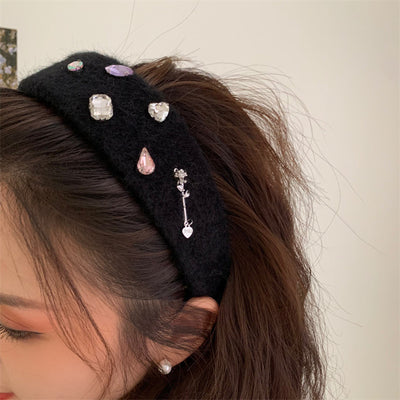 fashion solid color plush inlay artificial gemstones hair band 1 piece