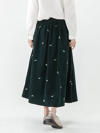 Plus Size Cotton Pocket Floral Elastic Waist Embroidered Skirt