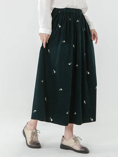 Plus Size Cotton Pocket Floral Elastic Waist Embroidered Skirt