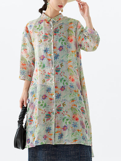 Plus Size Floral Leaf Breasted Split Mid-Length Shirt