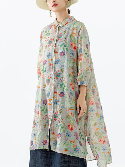 Plus Size Floral Leaf Breasted Split Mid-Length Shirt