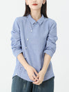 Plus Size Cotton Linen Stripes Long Sleeve Shirt