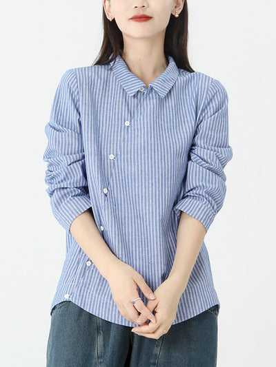 Plus Size Cotton Linen Stripes Long Sleeve Shirt