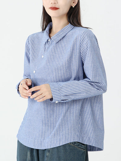 Plus Size Cotton Linen Stripes Long Sleeve Shirt