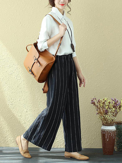 Plus Size Women 100% Linen Stripes Pocket Casual Pants