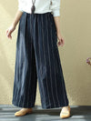 Plus Size Women 100% Linen Stripes Pocket Casual Pants