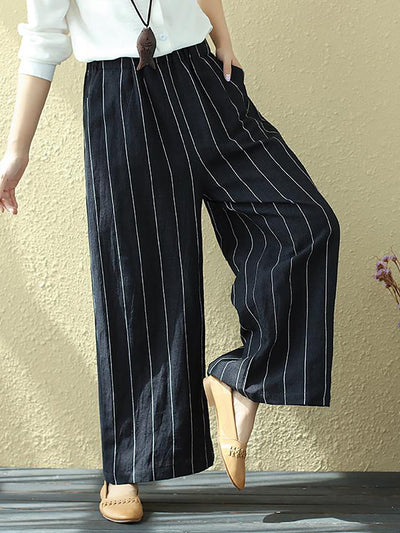 Plus Size Women 100% Linen Stripes Pocket Casual Pants