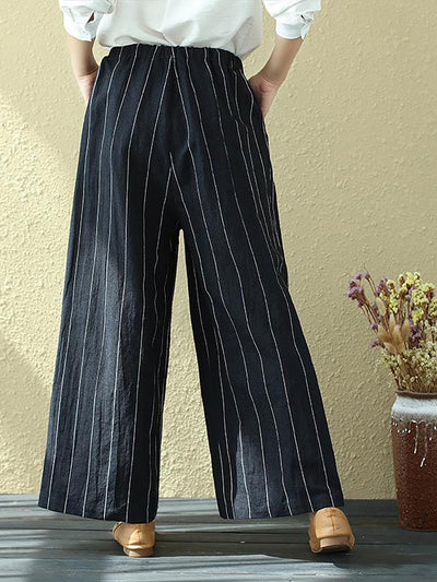 Plus Size Women 100% Linen Stripes Pocket Casual Pants