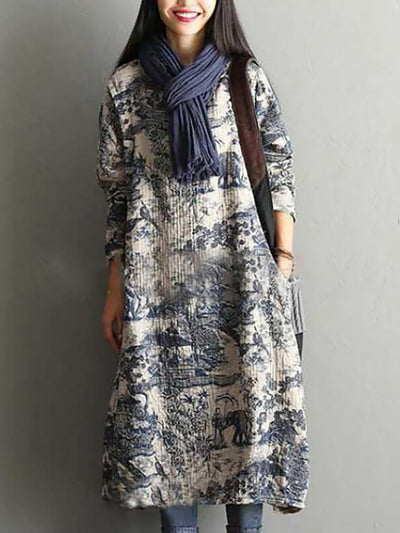 Women's Plus Size Floral Cotton Vintage Casual Loose Printing Maxi Dress