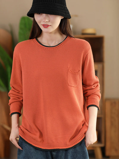 Women Autumn Casual Colorblock O-Neck Cotton Knit Blouse