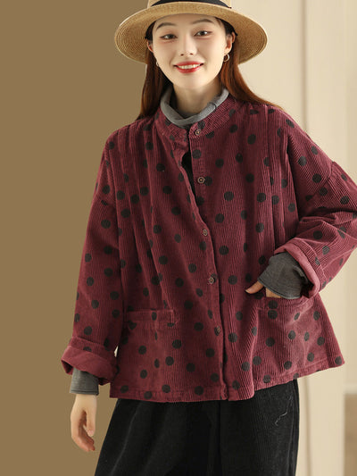 Plus Size Retro Dot Croduroy Stand Collar Shirt Coat