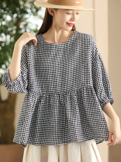 Women Summer Vintage Plaid Spliced Linen Shirt