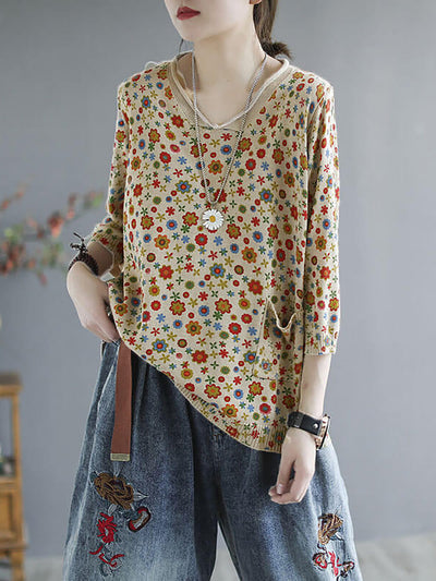 Plus Size - Floral Spring Knitted Casual Print Pocket Sweater