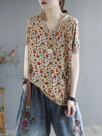 Plus Size - Floral Spring Knitted Casual Print Pocket Sweater