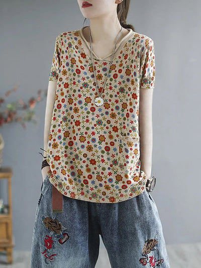 Plus Size Women Summer Casual Flower Knitted Shirt