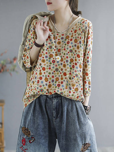 Plus Size - Floral Spring Knitted Casual Print Pocket Sweater