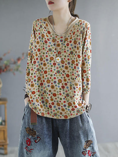 Plus Size - Floral Spring Knitted Casual Print Pocket Sweater