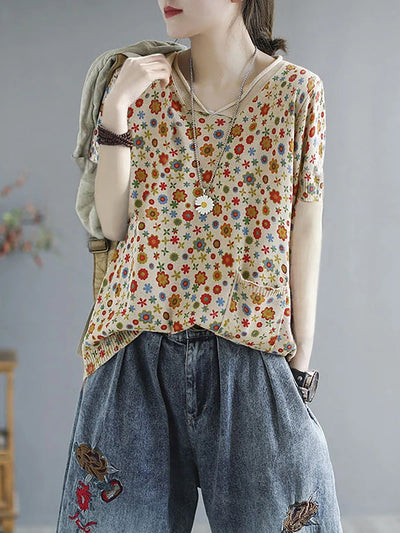 Plus Size - Floral Spring Knitted Casual Print Pocket Sweater