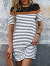 Loose Short Sleeves Contrast Color Striped Round-Neck Mini Dresses