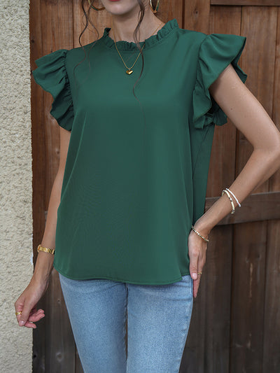 Loose Ruffle Sleeves Hollow Solid Color Split-Joint Round-Neck Blouses&Shirts Tops