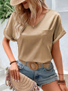 Loose Short Sleeves Pockets Solid Color V-Neck T-Shirts Tops