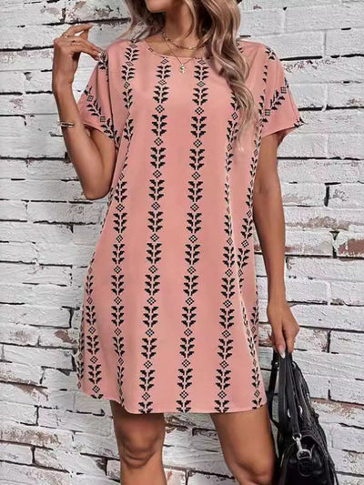 Batwing Sleeves Loose Contrast Color Printed Round-Neck Mini Dresses