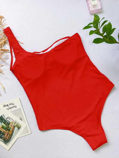 Single Shoulder Striped&Plain One-piece Swimwear