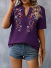 Half Sleeves Loose Embroidered Split-Joint V-Neck T-Shirts Tops