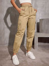 High Waisted Elasticity Pockets Solid Color Split-Joint Tied Waist Cargo Pants Trousers