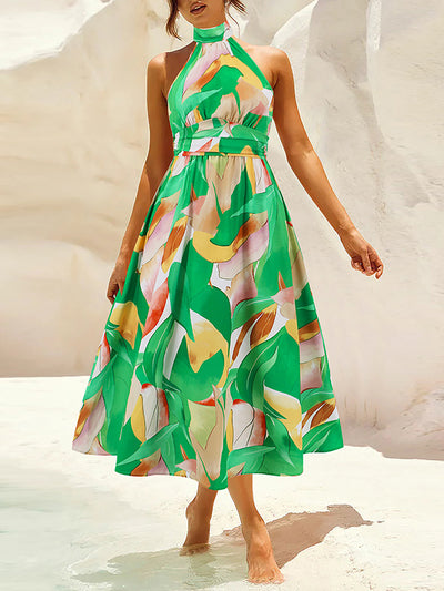 A-Line Loose Pleated Printed Split-Joint Halter-Neck Midi Dresses