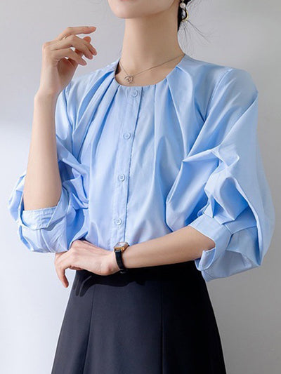 Half Sleeves Loose Buttoned Pleated Solid Color Round-Neck Blouses&Shirts Tops