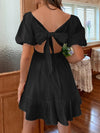 High Waisted Loose Backless Bowknot Elasticity Pleated Solid Color Split-Joint Square-Neck Mini Dresses