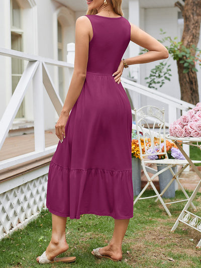 A-Line Loose Pleated Pockets Solid Color Split-Joint Round-Neck Midi Dresses