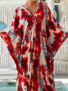 Batwing Sleeves Loose Printed Split-Joint Split-Side Sun Protection V-Neck Beach Cover-Up Maxi Dresses