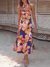 A-Line Loose Flower Print Hollow Split-Joint Halter-Neck Midi Dresses