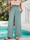 Loose Wide Leg Elasticity Pockets Ruffle Trim Solid Color Pants Trousers